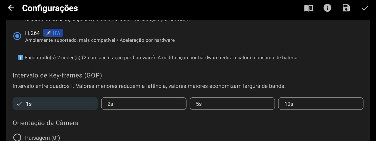 Codec de vídeo H.264 e intervalo de key-frames de 1 segundo