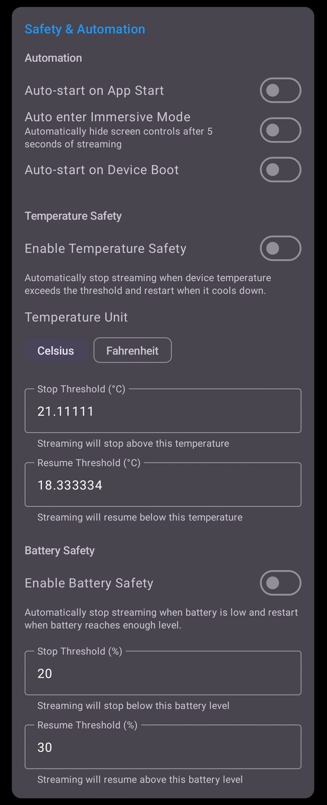 Safety and automation settings