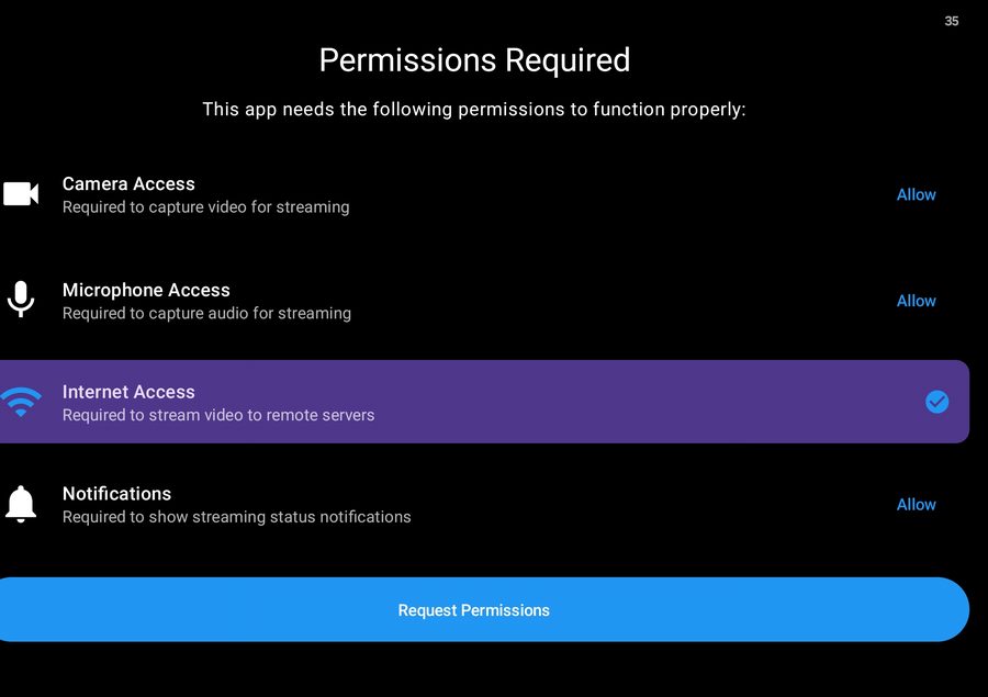 Permissions screen